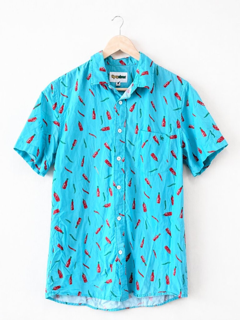 Tipsy Elves Hot Sauce Shirt Mens S Blue Red Graphic Button Down Party Beach